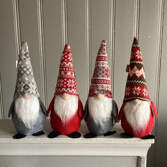 NWT- 14”- Set of 4- Red & Gray Holiday Gnomes Set w/ Red & Gray Sweater Hats - Picture 1 of 16